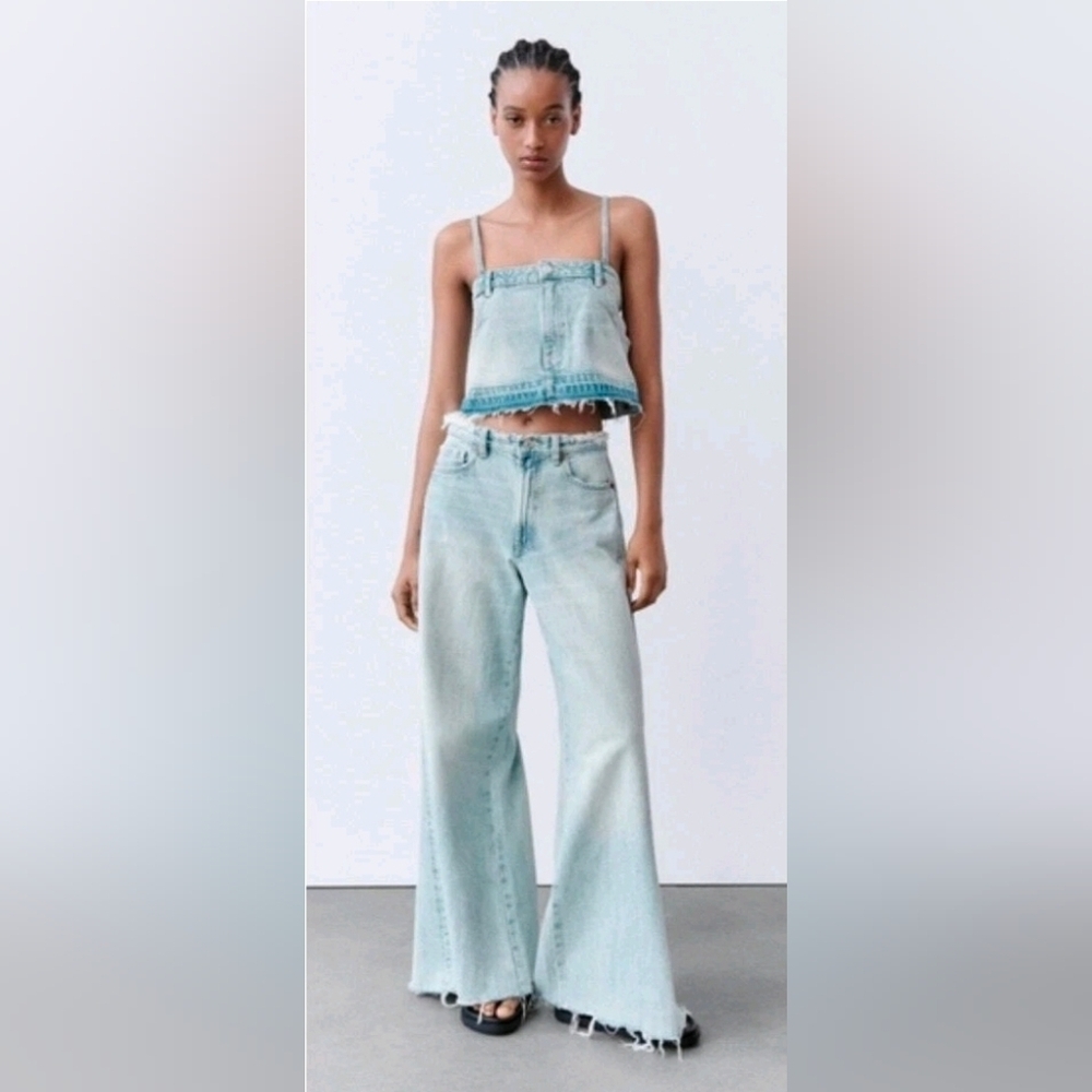 Zara Cropped Spahgetti Strap Denim Top Womens Size Small - Picture 2 of 10